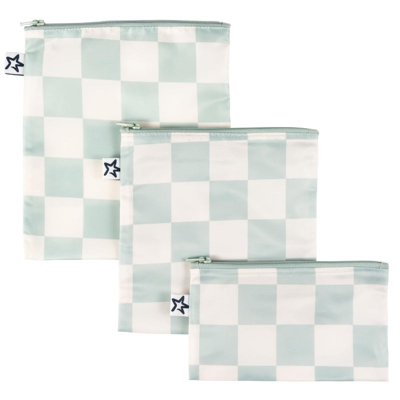 Tiny Twinkle Reusable Snack Bags for Kids 3 Pack Snack Pouches Sandwich Bag for Toddlers Machine Washable MessProof for Lunch Travel Sage Checkers