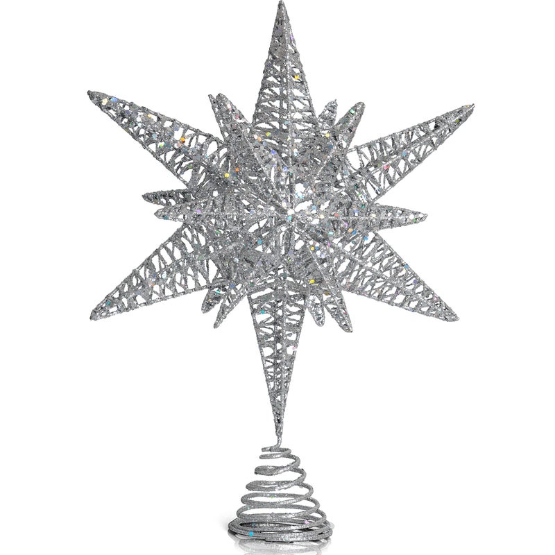 Ornativity Silver Star Tree Topper  Christmas Silver 3D Glitter Star Toppers Ornament Treetop Xmas Trees Top Decoration Holiday Decor 16