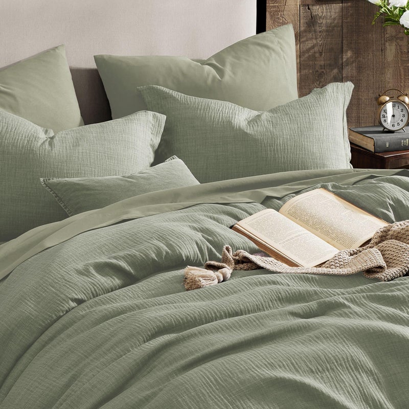 Geniospin Queen Comforter Set - 7 Pieces Comforter Queen Size, Solid Bedding Set for All Season, Textured Bed in a Bag with Sheets, Pillowcases and Shams (Sage Green, 90''x90'') - Image 2