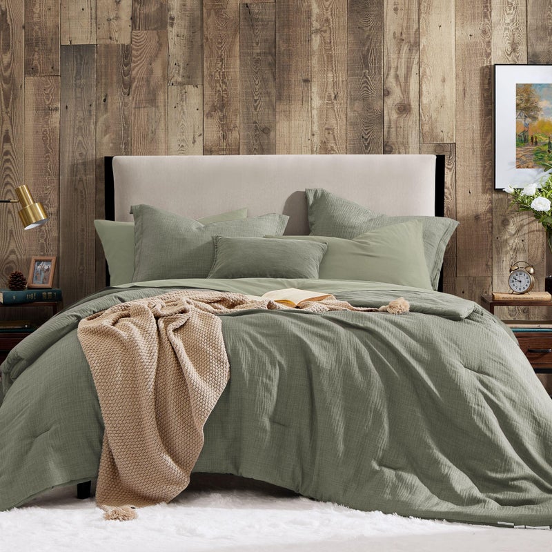 Geniospin Queen Comforter Set - 7 Pieces Comforter Queen Size, Solid Bedding Set for All Season, Textured Bed in a Bag with Sheets, Pillowcases and Shams (Sage Green, 90''x90'') - Image 1