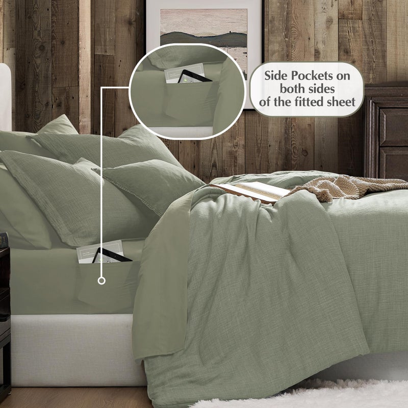 Geniospin Queen Comforter Set - 7 Pieces Comforter Queen Size, Solid Bedding Set for All Season, Textured Bed in a Bag with Sheets, Pillowcases and Shams (Sage Green, 90''x90'') - Image 4