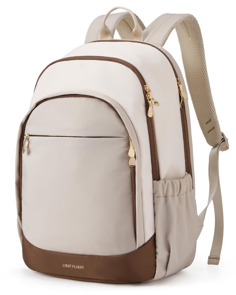 LIGHT FLIGHT Travel Backpack for Women, 15.6 Inch Laptop Backpack with USB Charging Hole, Water Resistant College Bookbag, Large Capacity Black Computer Backpacks for Work, Beige+Brown - Image 1