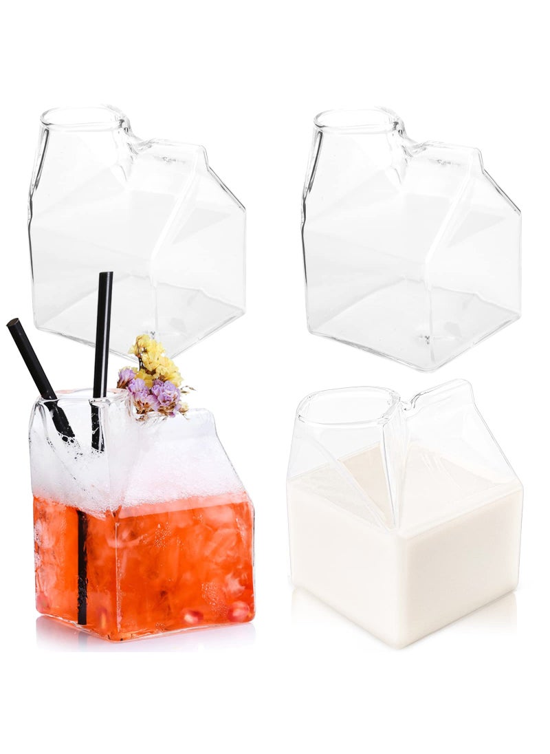 WUWEOT WUWEOT 4 Pack Glass Milk Carton Clear Square Cocktail Glasses Mini Cup Creamer Pitcher Coffee Box for Milk Coffee Water Juice Beverages Heat Resistant 12OZ350ml 
