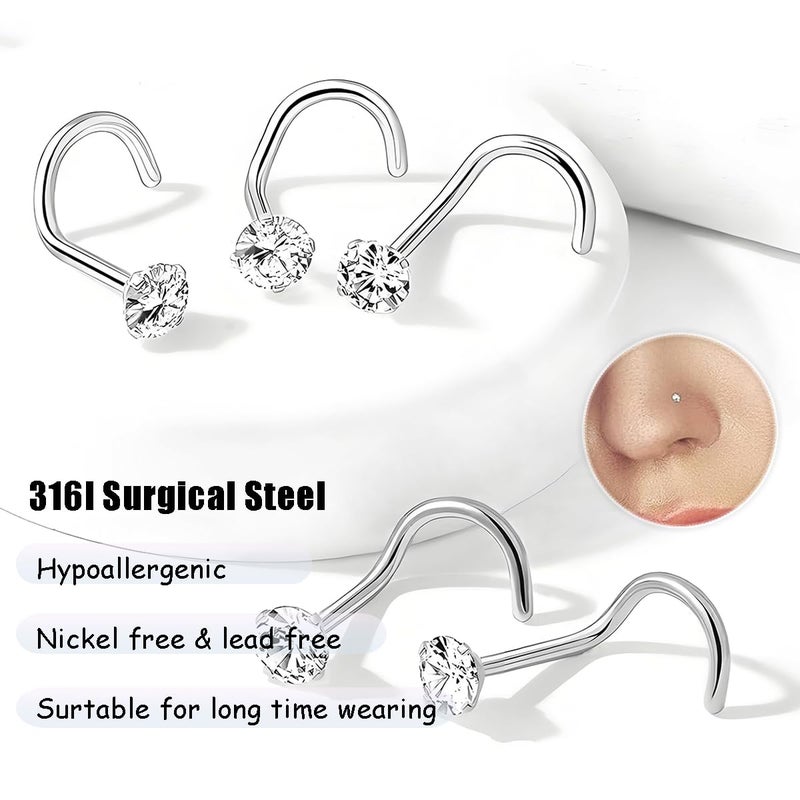 GingYing Nose Rings Studs: 8Pcs 20G Silver 316L Surgical Stainless Steel Nose Studs Hypoallergenic Corkscrew Nose Piercing Stud Jewelry for Women Men Clear Cubic Zirconia Imitation Diamond 1.5mm 2mm 2.5mm 3mm - Image 2