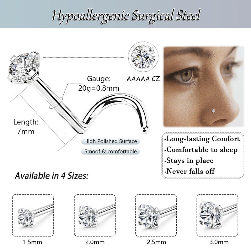 GingYing Nose Rings Studs: 8Pcs 20G Silver 316L Surgical Stainless Steel Nose Studs Hypoallergenic Corkscrew Nose Piercing Stud Jewelry for Women Men Clear Cubic Zirconia Imitation Diamond 1.5mm 2mm 2.5mm 3mm - Image 1