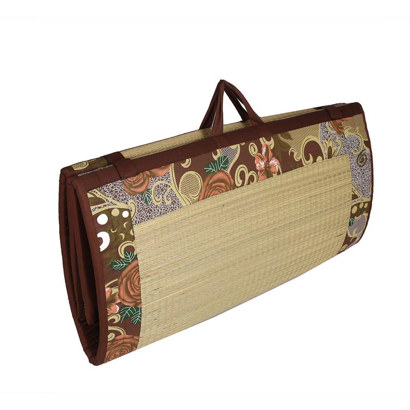 CRAFT OF INDIA CRAFT OF INDIA Foldable Mat Kora River Grass Chatai 65X3 ft 18MM Soft Foam Single Fold Brown Cotton Fabric Wash able - Image 1