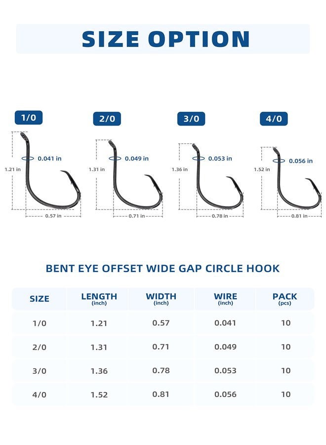 BLUEWING Bent Eye Offset Wide Gap Circle Hooks 10pcs Fishing Hooks High Carbon Steel Fishing Hooks Extra Sharp Fish Hooks for Freshwater Saltwater Fishing, Size 4/0, 10pcs - Image 3