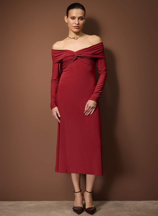 trendyol Tile Carmen Collar ALine/Bell Opening Flexible Knitted Midi Dress - Image 1