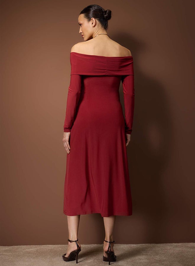 trendyol Tile Carmen Collar ALine/Bell Opening Flexible Knitted Midi Dress - Image 4