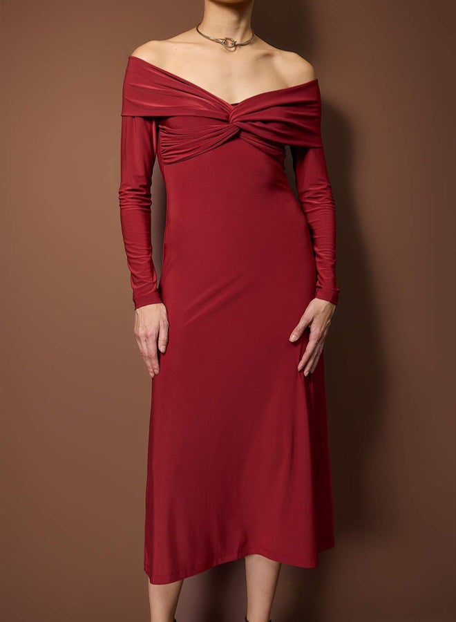 trendyol Tile Carmen Collar ALine/Bell Opening Flexible Knitted Midi Dress - Image 3