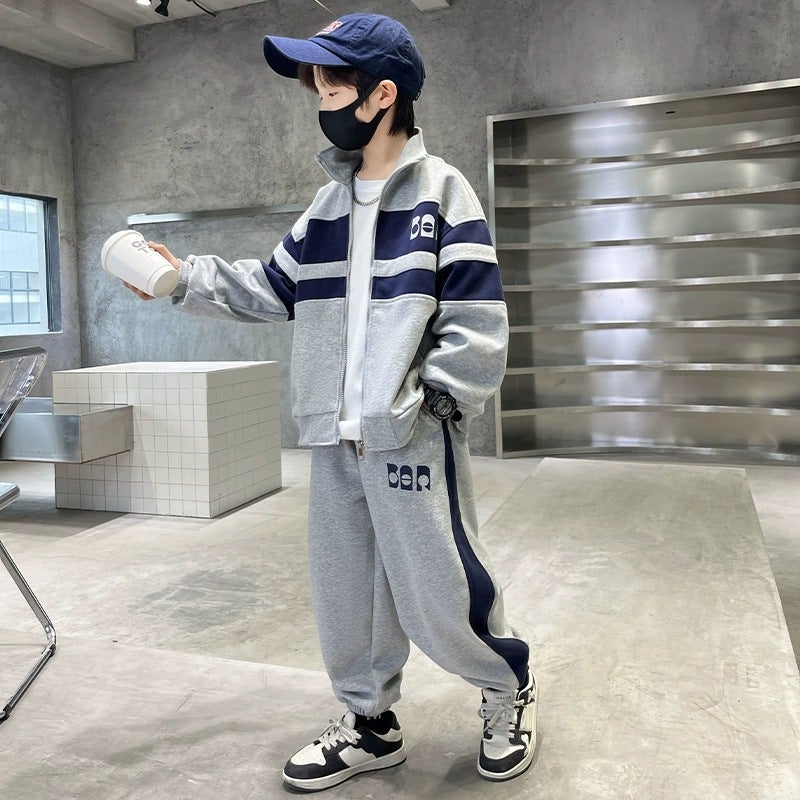 Boys' Suit Children'S Western Style Sports Leisure Middle And Big Children'S Spliced Zipper Jacket Two Pieces - Image 1