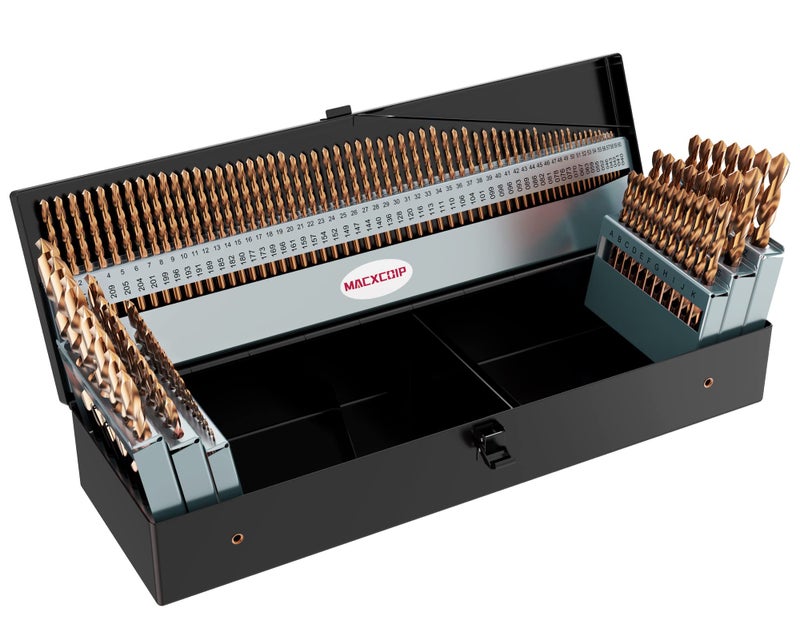 MACXCOIP Cobalt Drill Bit Set 115Pcs M35 High Speed Steel Bits for Hardened Metals Stainless Steel Cast Iron and Wooden Plastics with Metal Index Storage Box