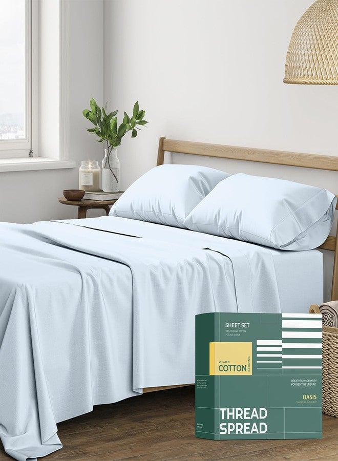 THREAD SPREAD 100% Organic Cotton Sheets Queen Size - 4 PC Organic Cotton Queen Size Percale Weave Sheet Set, Soft, Cooling, Crisp & Breathable, 16" Deep Pocket Hotel Quality Bedding Set - Light Blue - Image 1