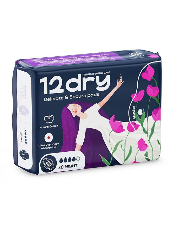12dry Ultra Thin Sanitary Pads 8 Count Super Absorbent Leak Proof Odor Bacteria Protection Soft Comfortable Breathable AirCool Technology FDA and FSC Certified for Overnight Use 300mm Single Pack - Image 1