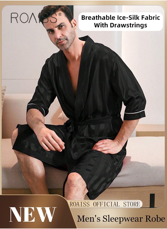 roaiss Soft Skin Friendly Robe for Men with Drawstrings Men's Stripe Print Breathable Ice-Silk Bathrobe Lightweight Half Sleeves Satin Sleepwear Longewear Ideal for Home Wear or Sleeping  - Image 1
