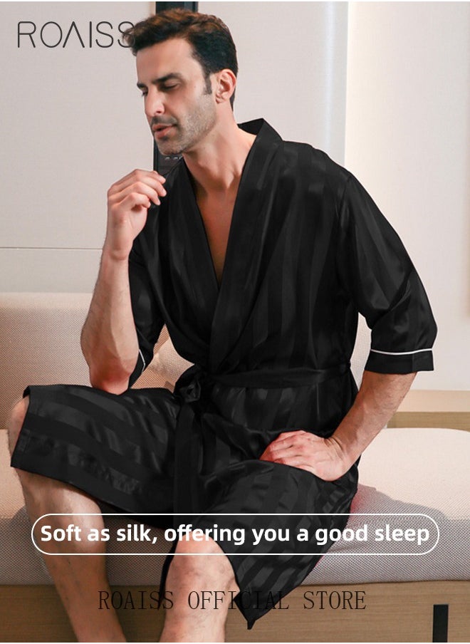 roaiss Soft Skin Friendly Robe for Men with Drawstrings Men's Stripe Print Breathable Ice-Silk Bathrobe Lightweight Half Sleeves Satin Sleepwear Longewear Ideal for Home Wear or Sleeping  - Image 2