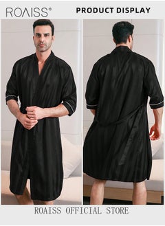 roaiss Soft Skin Friendly Robe for Men with Drawstrings Men's Stripe Print Breathable Ice-Silk Bathrobe Lightweight Half Sleeves Satin Sleepwear Longewear Ideal for Home Wear or Sleeping  - Image 3