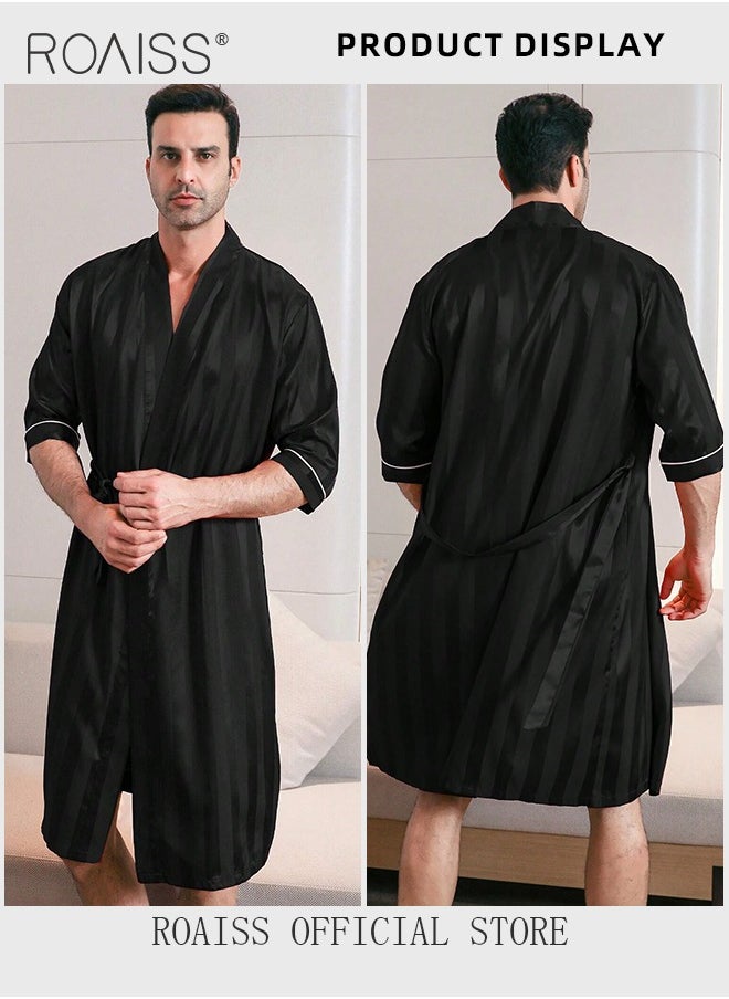 roaiss Soft Skin Friendly Robe for Men with Drawstrings Men's Stripe Print Breathable Ice-Silk Bathrobe Lightweight Half Sleeves Satin Sleepwear Longewear Ideal for Home Wear or Sleeping  - Image 3