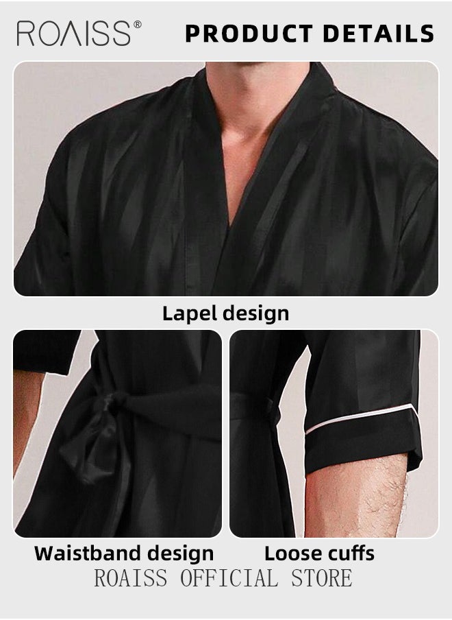 roaiss Soft Skin Friendly Robe for Men with Drawstrings Men's Stripe Print Breathable Ice-Silk Bathrobe Lightweight Half Sleeves Satin Sleepwear Longewear Ideal for Home Wear or Sleeping  - Image 5
