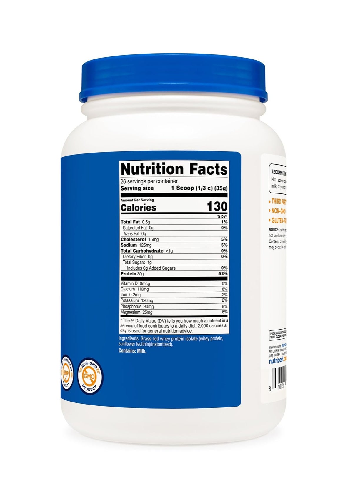 Nutricost Grass-Fed Whey Protein Isolate Powder 2Lb