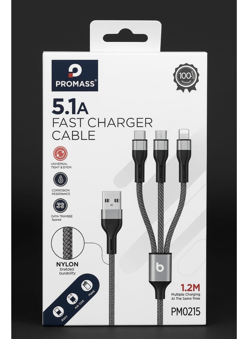 بروماس كابل وصلة شحن سريع 3 في 1 من PROMASS بقدرة 5.1 أمبير، نايلون مضفر، يو إس بي إلى تايب سي وميكرو ولايتنينج، طول 1.2 متر – كابل متعدد الأجهزة - Image 2