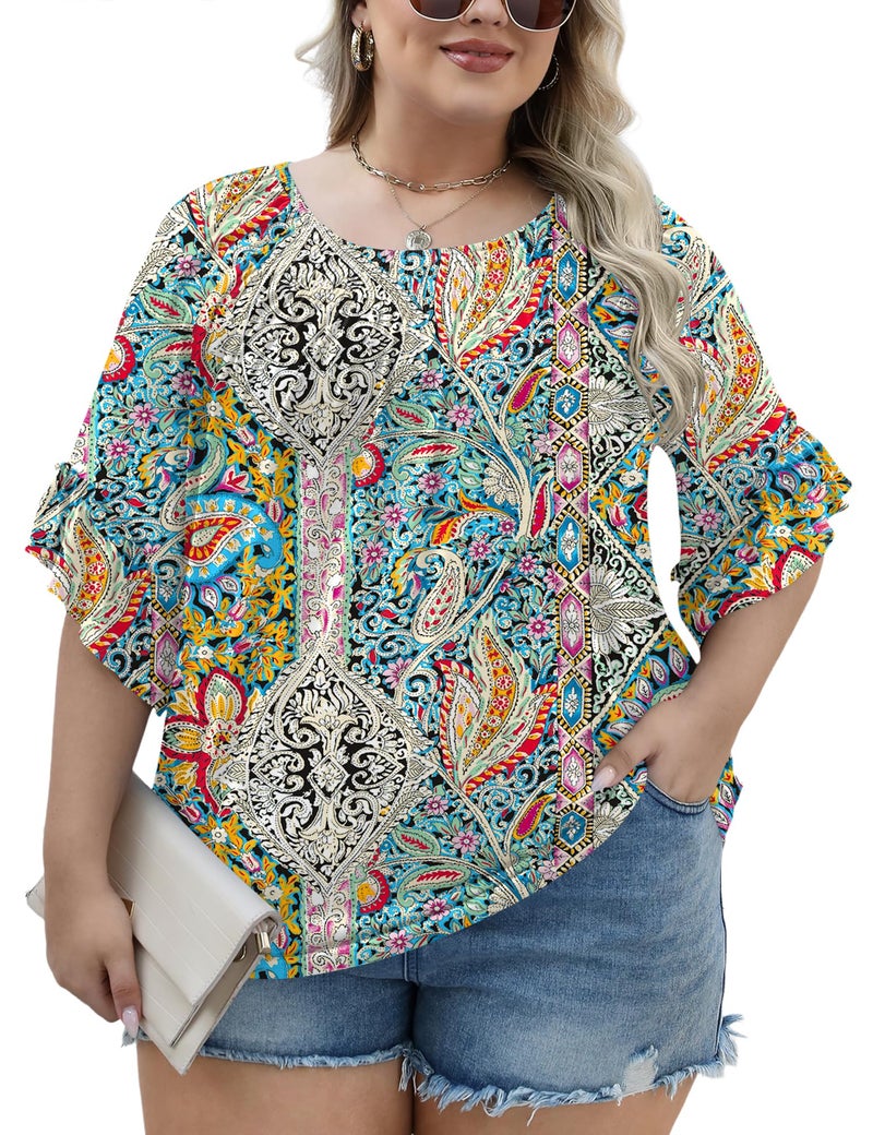 Micoson Plus Size Tops for Women Floral Pleated Womens Dressy Tops Ruffle Short Sleeve Crew Neck Blouses Ladies Top to Hide Tummy - Image 4