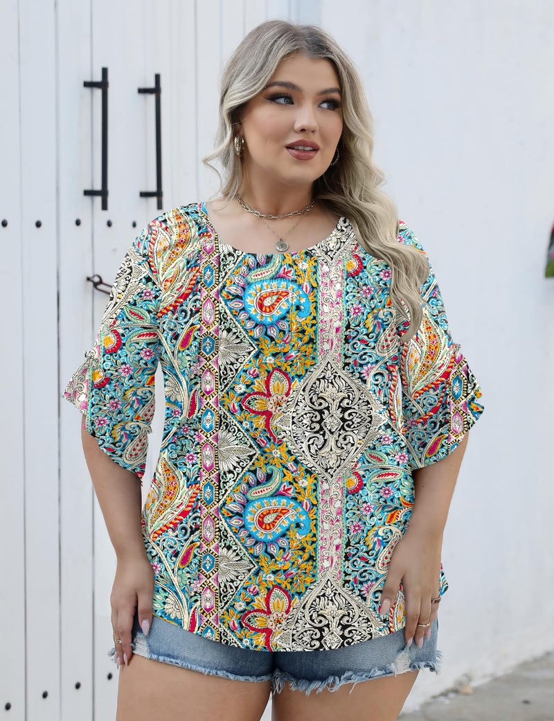 Micoson Plus Size Tops for Women Floral Pleated Womens Dressy Tops Ruffle Short Sleeve Crew Neck Blouses Ladies Top to Hide Tummy - Image 5