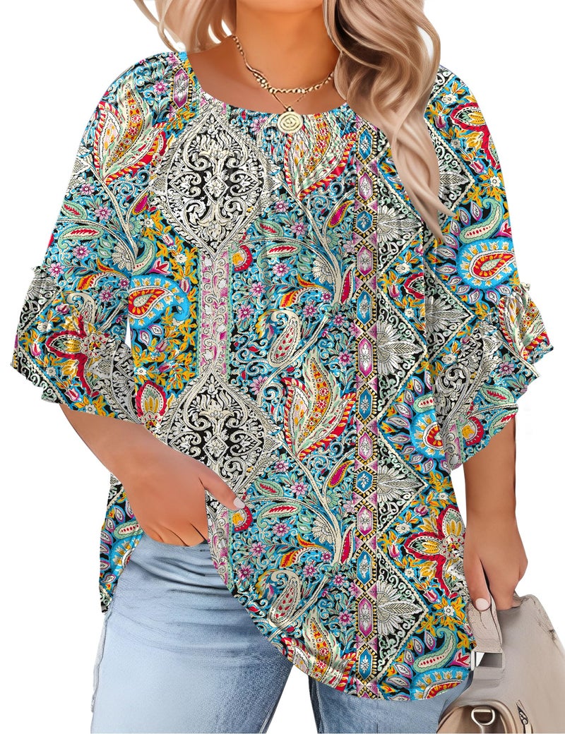 Micoson Plus Size Tops for Women Floral Pleated Womens Dressy Tops Ruffle Short Sleeve Crew Neck Blouses Ladies Top to Hide Tummy - Image 1