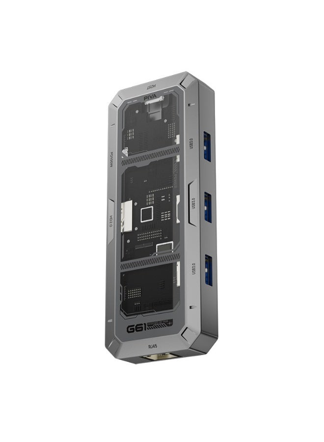 PIVA G61 6-in-1 Docking Station with 6 USB Ports is made of aluminum alloy, supports 4K60Hz, PD100W, USB 3.0, and Gigabit Ethernet RJ45, and is ideal for gamers and office workers. - Image 1