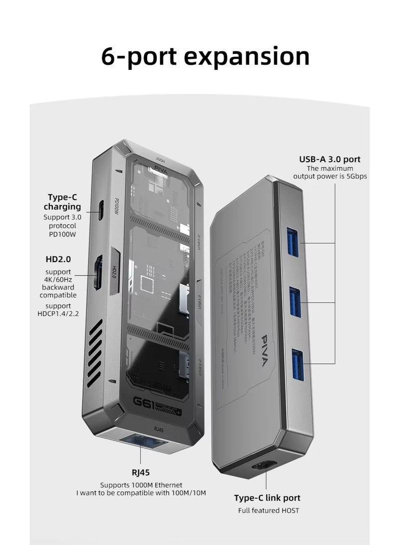 PIVA G61 6-in-1 Docking Station with 6 USB Ports is made of aluminum alloy, supports 4K60Hz, PD100W, USB 3.0, and Gigabit Ethernet RJ45, and is ideal for gamers and office workers. - Image 4