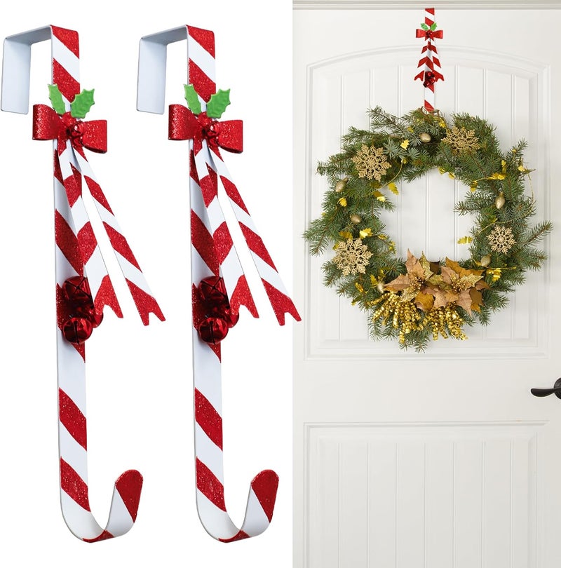 KEDONCHEN 2 Pack Wreath Hangers for Front Door,Christmas Decoration Metal Over The Door Wreath Hanger Ornament,Candy Cane Wreath Hanger - Image 1