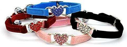 CHUKCHI Pink Soft Velvet Safe Cat Adjustable Collar with Crystal Heart Charm and Bells 8-11 Inches(Black+Red+Pink+Blue) - Image 2