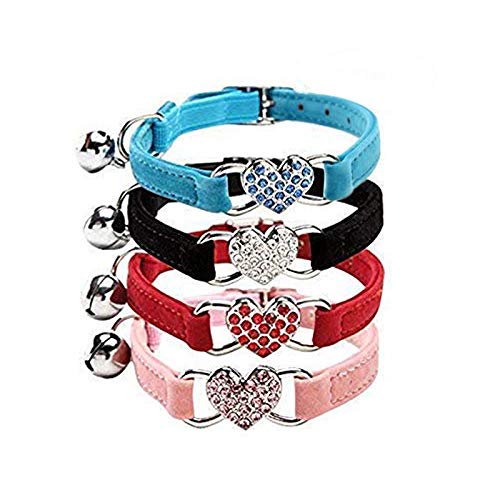 CHUKCHI Pink Soft Velvet Safe Cat Adjustable Collar with Crystal Heart Charm and Bells 8-11 Inches(Black+Red+Pink+Blue) - Image 1
