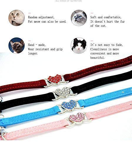 CHUKCHI Pink Soft Velvet Safe Cat Adjustable Collar with Crystal Heart Charm and Bells 8-11 Inches(Black+Red+Pink+Blue) - Image 3
