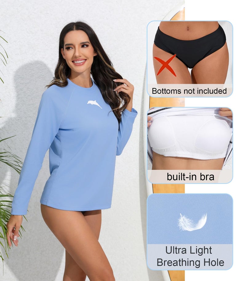 Halcurt Women's Long Sleeve Rash Guard Swim Shirt with Built in Bra Lightweight UPF50+ Quick Dry Swimsuit Top Blue L - Image 2