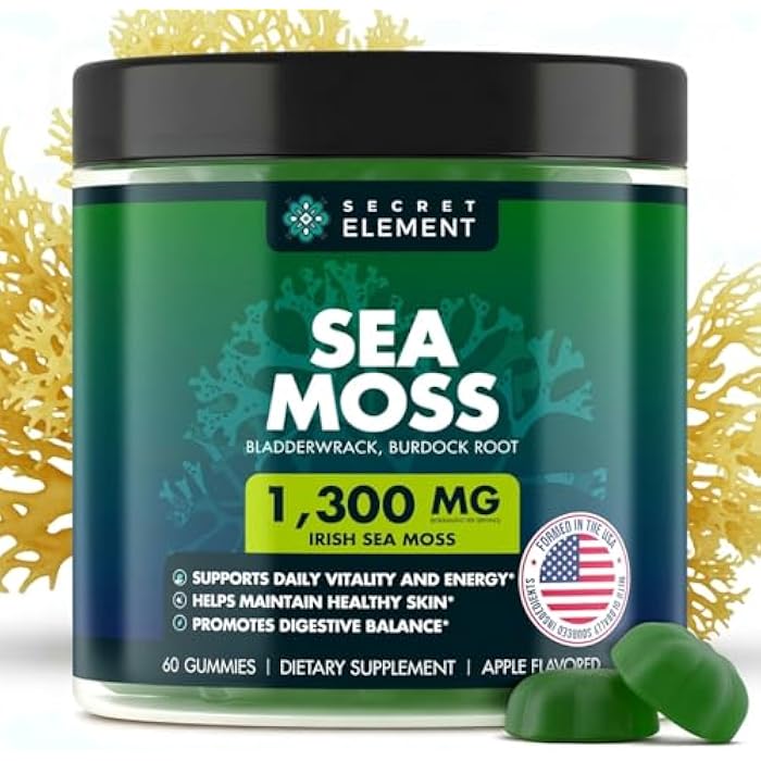 Secret Element Sea Moss Gummies with Bladderwrack & Burdock Root – 65 mg Sea Moss per Serving for Women and Men, Vegan, Sugar Free, Non-GMO, Apple Flavor, 60 Gummies (30 Servings) - Image 1
