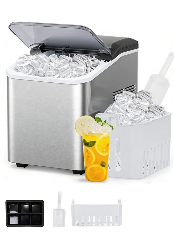 Sunbath Ice Maker Machine with Handle, Portable Ice Makers Countertop, Auto-Cleaning Ice Machine with Basket and Scoop, 9 Ice Cubes in 6 Mins,26lbs in 24Hrs, for Home//Party/Kitchen/Camping/RV, Stainless, 2 Sizes Ice Cubes, Energy and Space Saving, with Two ice cube trays - Image 1