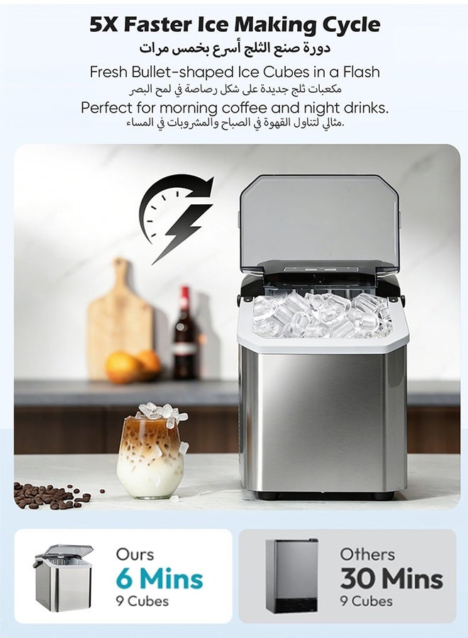 Sunbath Ice Maker Machine with Handle, Portable Ice Makers Countertop, Auto-Cleaning Ice Machine with Basket and Scoop, 9 Ice Cubes in 6 Mins,26lbs in 24Hrs, for Home//Party/Kitchen/Camping/RV, Stainless, 2 Sizes Ice Cubes, Energy and Space Saving, with Two ice cube trays - Image 2