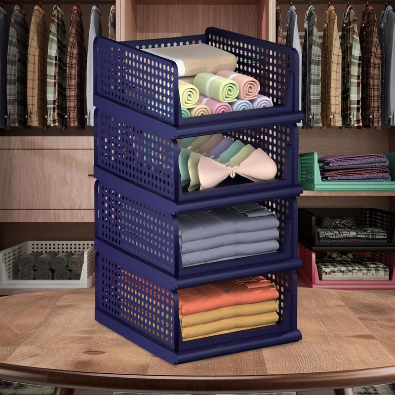 Kuber Industries Large 4 Pcs Storage Organizer Foldable Shirt Stacker Box Cloth Box for Almirah Cupboard Organizer Wardrobe Organizer For Clothes Closet Storage Basket Blue - Image 1