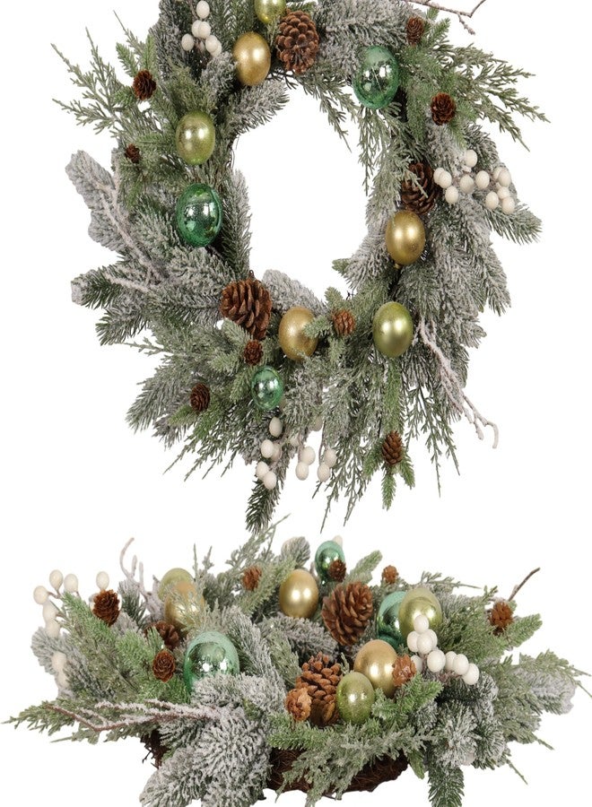 Quixem Holiday Christmas Wreath for Front Door, Snow Flocked 22-inch Artificial Winter Wreath with Gold and Green Ornaments, Pinecones and White Berries - Indoor & Outdoor Christmas Decoration - Image 1