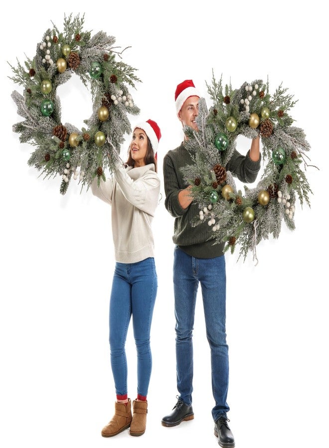 Quixem Holiday Christmas Wreath for Front Door, Snow Flocked 22-inch Artificial Winter Wreath with Gold and Green Ornaments, Pinecones and White Berries - Indoor & Outdoor Christmas Decoration - Image 2