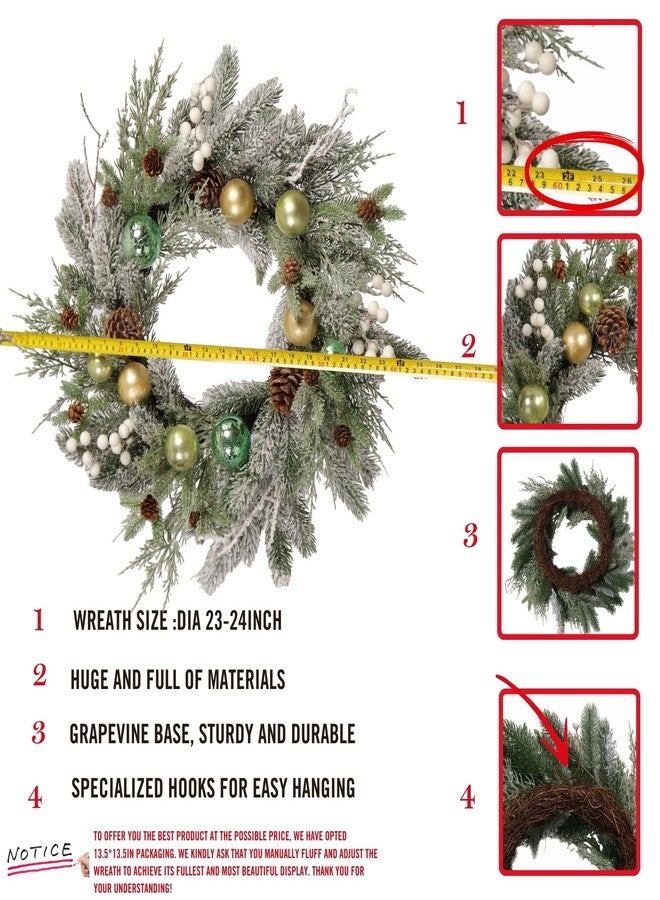 Quixem Holiday Christmas Wreath for Front Door, Snow Flocked 22-inch Artificial Winter Wreath with Gold and Green Ornaments, Pinecones and White Berries - Indoor & Outdoor Christmas Decoration - Image 3