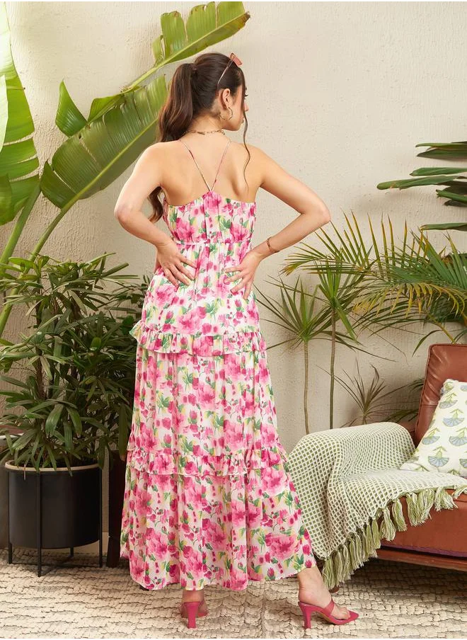 SASSAFRAS Floral Strappy Ruffled Maxi Dress by Styli