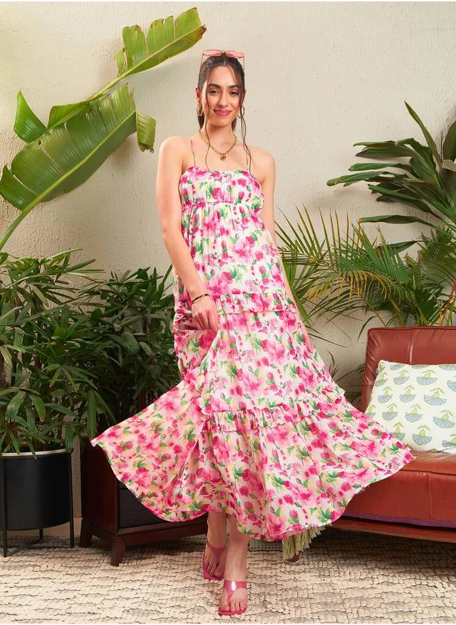 SASSAFRAS Floral Strappy Ruffled Maxi Dress by Styli