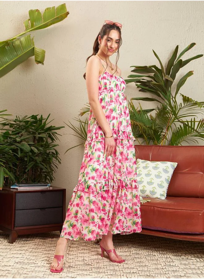 SASSAFRAS Floral Strappy Ruffled Maxi Dress by Styli