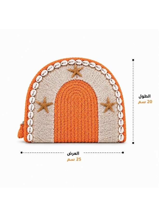 LIFESTYLISH Women's Woven Raffia Clutch Bag with Shell & Fringe Details Orange - ZK-2 - Image 1