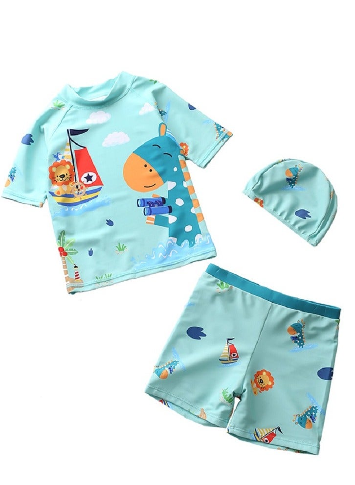 3-piece fashionable boy cartoon printed one piece swimsuit short sleeved sun protection children's water sports with hat 120-130cm
