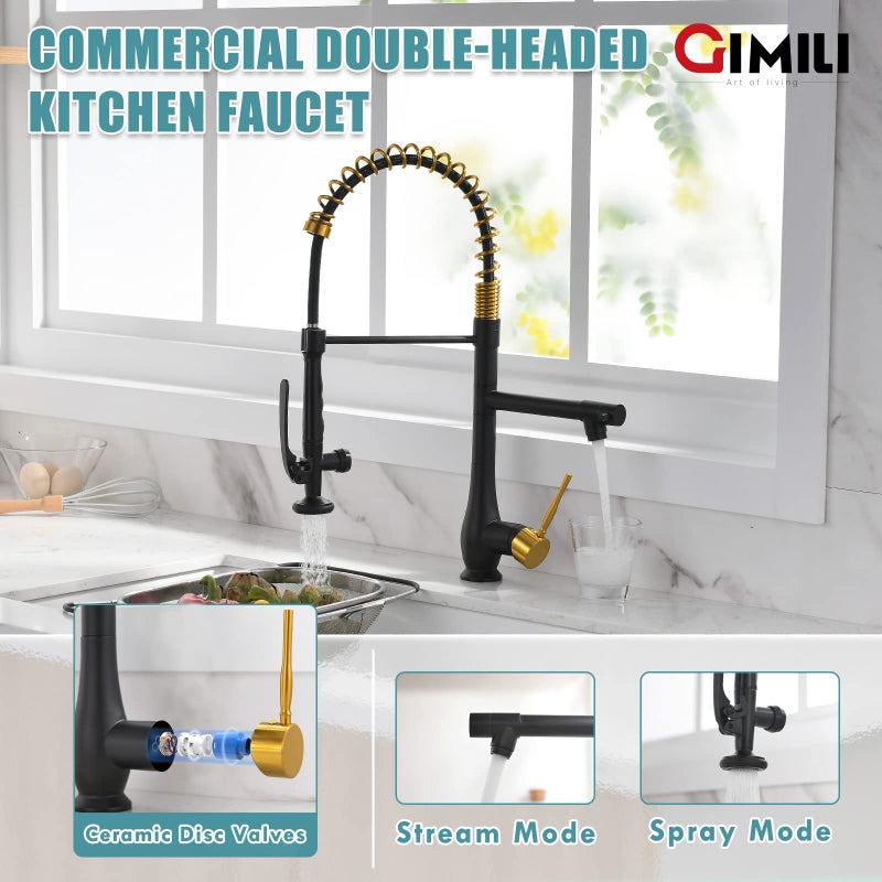 GIMILI Black and Gold Kitchen Faucet with Pull Down Sprayer Single Handle High Pressure Kitchen Sink Faucet Commercial Double-Headed Stainless Steel Kitchen Faucets - Image 3