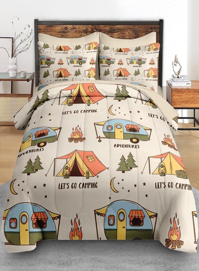 Pamnest 7 Pcs Comforter Set Queen Size, Summer Camp Camper Bedding Set for Kids and Adults, Camping Adventure Bed Sheet Sets with Fitted Sheet 2 Pillowcases & 2 Shams for Bedroom Bed Decor - Image 3