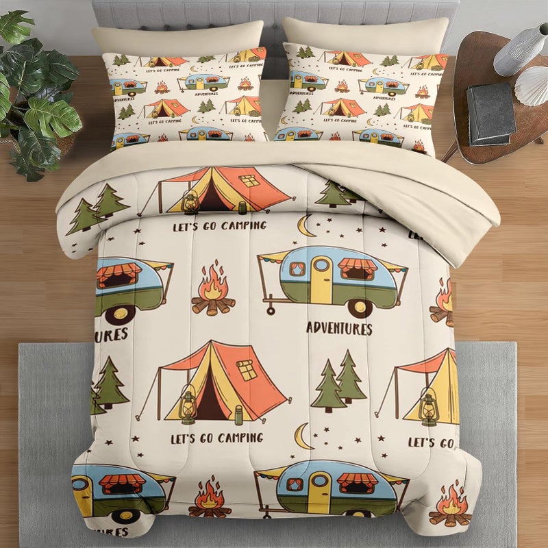 Pamnest 7 Pcs Comforter Set Queen Size, Summer Camp Camper Bedding Set for Kids and Adults, Camping Adventure Bed Sheet Sets with Fitted Sheet 2 Pillowcases & 2 Shams for Bedroom Bed Decor - Image 1